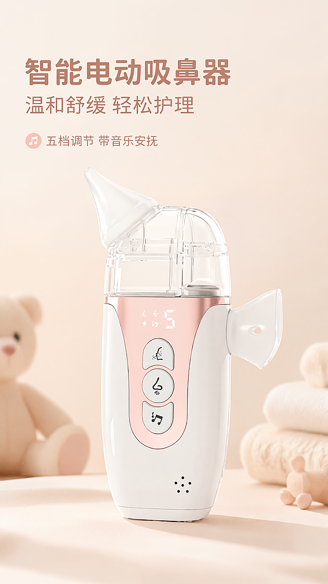 [第1屏] 电动婴儿吸鼻器产品宣传海报头图，粉白配色款。
[氛围/风格] 温馨柔和母婴风，浅暖杏色背景，柔和自然光，高级商业摄影质感，干净简约，参考上传的吸奶器详情页风格。
[元素布局] 粉白配色款电动吸鼻器放置在画面居中偏下区域，占据画面60%-65%主体区域，保持产品原有物理结构：白色机身+玫瑰金面板+透明储液仓+硅胶吸头+侧边雾化罩，正面三个功能按键+数字显示屏的结构、材质质感、颜色与输入图4一致。背景上方留白放置主标题，下方浅暖渐变自然过渡，保留足够呼吸空间，不杂乱。
[光影质感] 顶部柔和主光均匀打亮产品机身，右侧加微弱辅光提亮透明储液仓轮廓，底部形成自然柔和投影，整体通透干净，产品结构清晰真实。
[配色色系] 全局底色：#f5eae0（浅暖杏）；主体配色：米白机身+玫瑰金面板+透明硅胶+浅灰按键；辅助色：#d9a89c（浅棕文字）+#f8f4f0（浅灰底）。
[视角构图] 正面45度斜视角，产品居中放置，景深适中，画面干净，上半部分留给标题，下半部分产品展示，符合移动端竖向阅读动线。
[文字版式] 画面上方左对齐排版，主标题「智能电动吸鼻器」字体清晰加粗，字号占画面宽度8%，副标题「温和舒缓 轻松护理」，字号为主标题40%，下方加一行小字说明「五档调节 带音乐安抚」，文字不遮挡产品主体，清晰可读。
[比例分辨率] 9:16竖版比例，4K超高清分辨率，文字清晰可辨。
[负向提示词] 产品变形，结构错误，颜色偏差，缺件错件，文字错乱，水印，背景杂乱，模糊，医疗化宣传，绝对化用语。