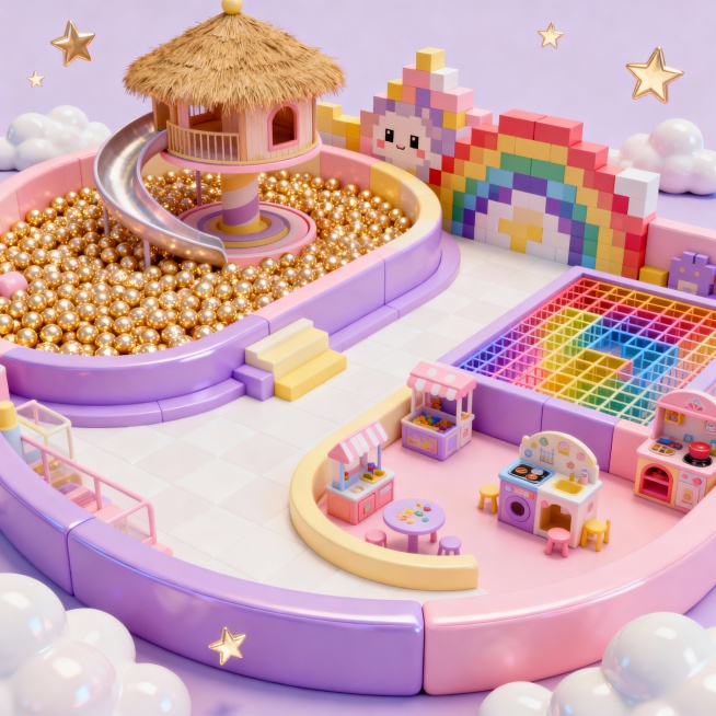 梦幻童话风的卡通3D儿童乐园鸟瞰图，无外围护栏，设施立体感强烈，光影层次丰富。包含闪闪发光的金色海洋球池、茅草屋造型的旋转滑梯、卡通像素积木墙、彩虹色网格迷宫、迷你过家家游戏区。整体色调是马卡龙粉、紫预览效果