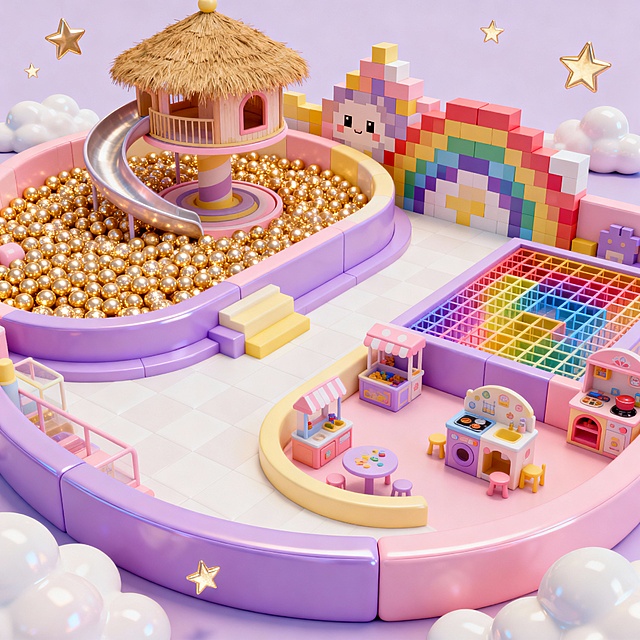 梦幻童话风的卡通3D儿童乐园鸟瞰图，无外围护栏，设施立体感强烈，光影层次丰富。包含闪闪发光的金色海洋球池、茅草屋造型的旋转滑梯、卡通像素积木墙、彩虹色网格迷宫、迷你过家家游戏区。整体色调是马卡龙粉、紫、鹅黄、奶白，场景点缀着星星和云朵特效，边缘圆润柔和，材质细腻有光泽，营造出温馨治愈的童话氛围。