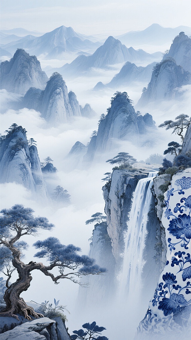 中国传统青花瓷绘风格山水意境，以钴蓝与白为主色调，画面有层峦叠嶂的群山，山间云雾，瀑布从岩崖倾泻而下，点缀古树，笔触细腻仿传统瓷绘