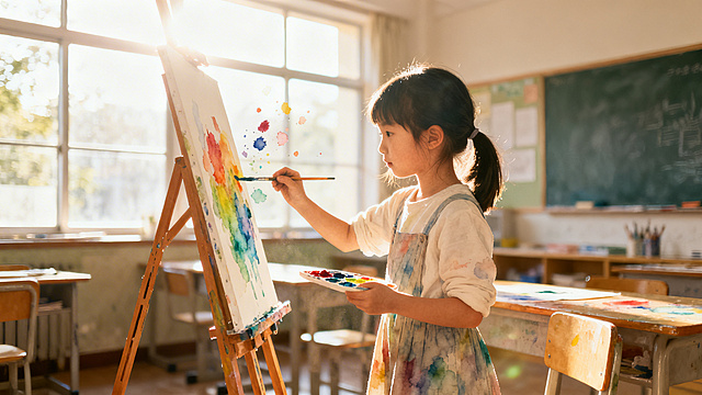 逆光中的教室，阳光透过窗户洒在画架上，小女孩正在自由涂抹水彩颜料，只有飞舞的色块没有模板，整体为清新水彩风格，氛围温暖自由