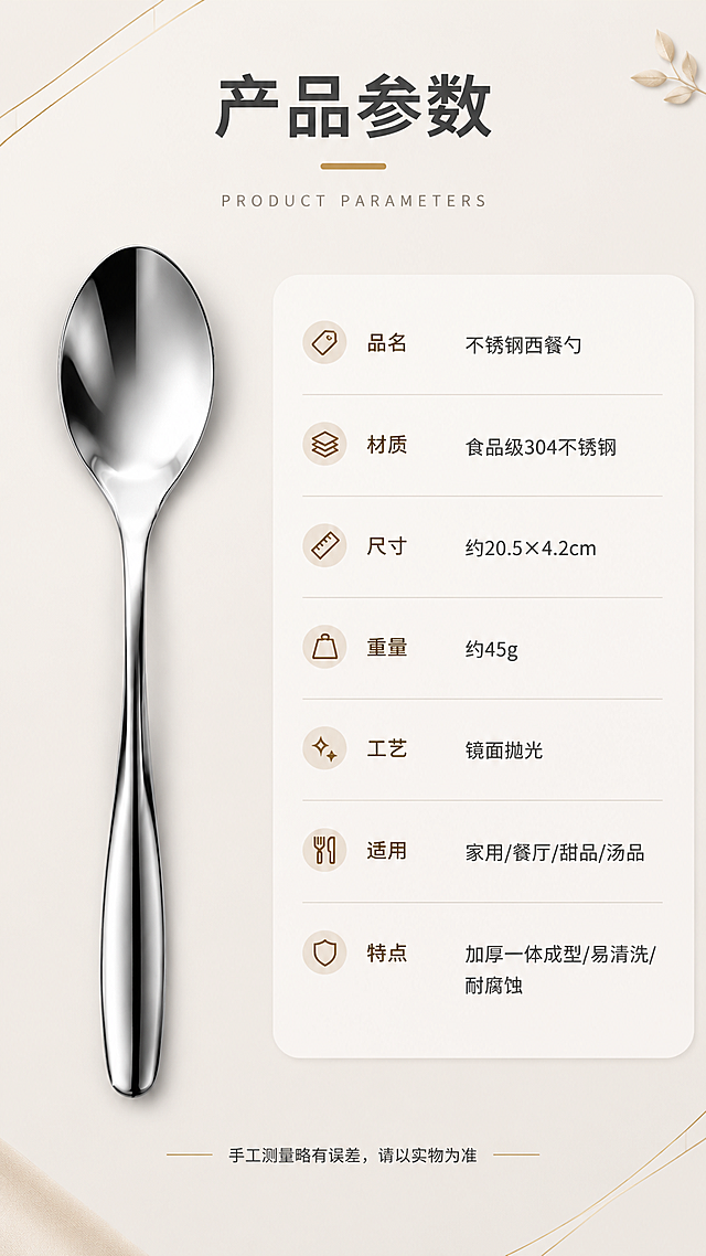 [商品] 使用【图1】银色不锈钢长柄西餐勺；保留产品全貌，作为规格页产品标准照展示，勺子竖直或斜放于画面左侧。
[画面] 目标：规格参数页，清晰展示产品尺寸与基本信息。构图：左物右表，左侧产品标准照占画面40%，右侧参数信息卡占60%。景别：中景，产品全貌清晰。阅读动线：从左到右，先看产品再看参数。前中后景：前景产品，中景参数卡，后景浅底背景。
[视觉] 套系策略：风格=现代简约餐厨风高级商业摄影；标题字=思源黑体粗体；正文字=思源黑体常规；主色=银灰+米白；背景延展=米白浅底+细线条装饰，简洁干净；强调色=暖金色，仅用于标题下划线和小图标；标题色=深炭灰；正文色=中暖灰；组件=圆角参数表格、细线分隔、小图标点缀；光影=均匀柔光，产品清晰无重影。
[文字] 顶部主标题"产品参数"，右侧参数表横向排版：「品名」不锈钢西餐勺、「材质」食品级304不锈钢、「尺寸」约20.5×4.2cm、「重量」约45g、「工艺」镜面抛光、「适用」家用/餐厅/甜品/汤品、「特点」加厚一体成型/易清洗/耐腐蚀；底部小字"手工测量略有误差，请以实物为准"。文字全部横向排版，表格清晰易读。
[规格] 图片比例9:16竖版，4K，避免变形、错字、文字过小、虚构精确参数、绝对化用语、平台Logo水印。