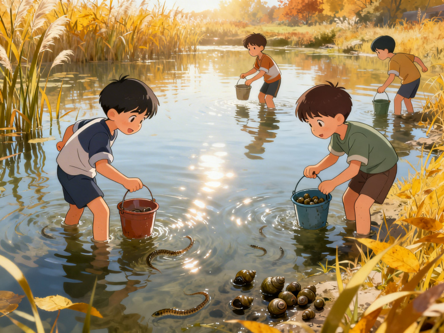 9月中旬，几个8、9岁的动画风格小伙伴，在池塘里捉泥鳅和螺蛳，手里拎着小桶，池塘边有初秋的芦苇和泛黄的草叶，氛围活泼欢快预览效果
