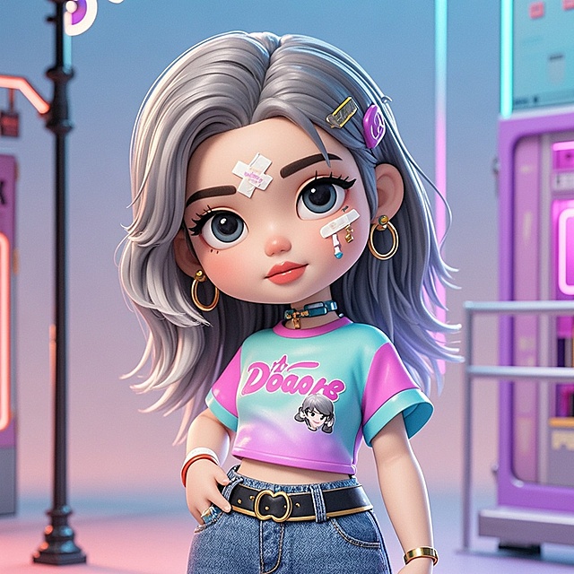一个女生，街头风格，断眉，漫画3D，ok绷，金色细耳环，灰色潮流发色，中长发，可爱甜美，街头多巴胺穿搭