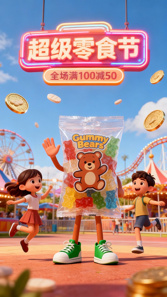 一个拟人化的图中零食包装站在中央，穿着绿色运动鞋，用手打招呼，周围有两位快乐跳跃的小孩（一男一女），背景是游乐园，空中漂浮着钙片金币，主标题为霓虹灯牌“超级零食节，主标题下方有“全场满100减50”标签，整体风格均为3D卡通渲染，色彩明亮温暖，充满活力，适合零食广告宣传。
