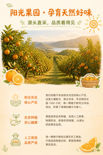 第3屏产地溯源详情页，2:3竖版，上下结构，上半区为果园实拍全景图，搭配手绘阳光、果树元素，美食风插画点缀，下半区为文字说明 + 小图标。文字分点排版，左侧为小标题，右侧为说明文字，图标采用简约线条风预览效果