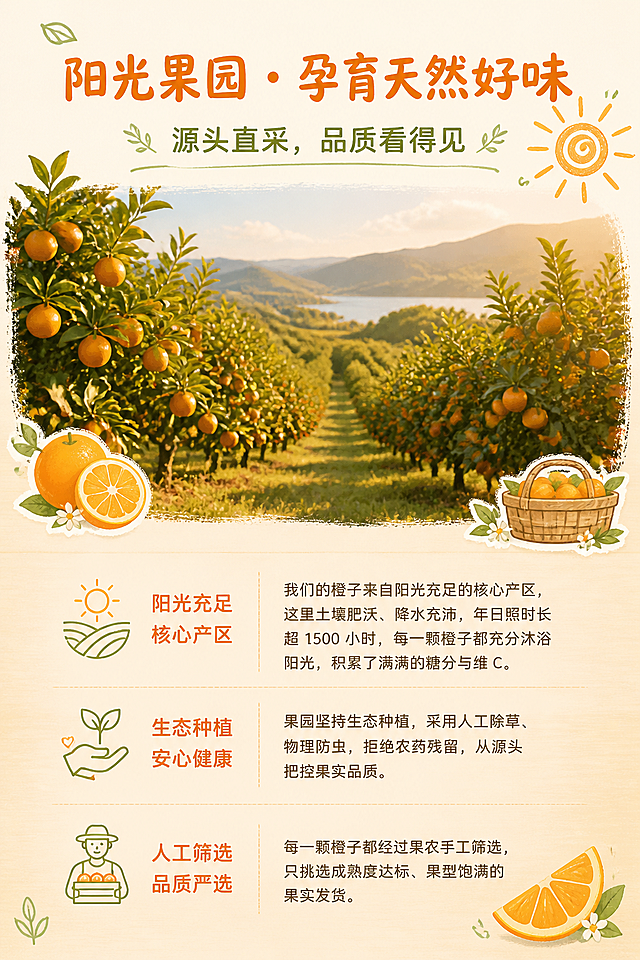 第3屏产地溯源详情页，2:3竖版，上下结构，上半区为果园实拍全景图，搭配手绘阳光、果树元素，美食风插画点缀，下半区为文字说明 + 小图标。文字分点排版，左侧为小标题，右侧为说明文字，图标采用简约线条风，配色为橙 + 绿，呼应产地元素；背景为浅木色渐变，与果园场景自然融合。实拍图添加暖色调滤镜，营造阳光充足的氛围，搭配手绘边框，弱化实景的生硬感，增强美食治愈感；文字采用左右分栏，搭配小图标，信息层级清晰，适配手机端快速浏览。内容：主标题"阳光果园・孕育天然好味"，副标题"源头直采，品质看得见"。说明文字：我们的橙子来自阳光充足的核心产区，这里土壤肥沃、降水充沛，年日照时长超 1500 小时，每一颗橙子都充分沐浴阳光，积累了满满的糖分与维 C。果园坚持生态种植，采用人工除草、物理防虫，拒绝农药残留，从源头把控果实品质。每一颗橙子都经过果农手工筛选，只挑选成熟度达标、果型饱满的果实发货。整体风格：奶油风低饱和配色，主色调暖橙色，辅助色浅木色、浅绿，清新治愈。