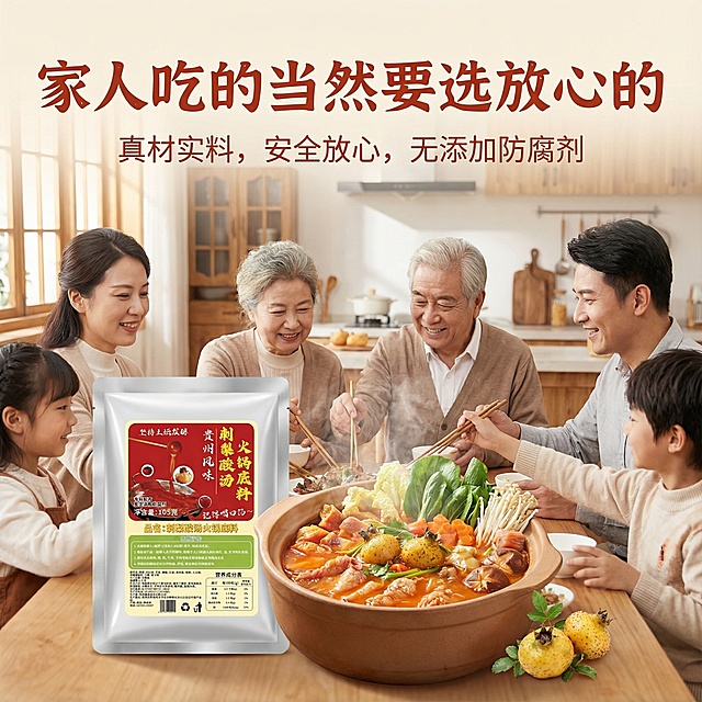 这张图片是产品主体这款产品是美芡·贵州刺梨酸汤火锅底料 我需要设计10张主图在拼多多上面售卖  这一袋的克重主要是105g  产品主图不变 主图场景布局火锅元素   家人围坐，一锅刺梨酸汤咕嘟冒泡，酸香弥漫满屋 多增加一些贵州火锅底料细节图 还有火锅底料相关的元素 整体图片高级一些有食欲一些 主图文案内容家人吃的当然要选放心的
贵州酸汤 加水即煮 酸爽下饭 酸香浓郁 锁鲜留香 汤色鲜红 回味多层次的酸香 一锅煮万菜 真材实料吃着放心  匠心之作 味道正 食材严 工艺精  味道纯正 口感醇厚 色香味浓 浓缩型 滋补