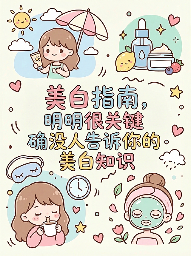 将图中的文字替换为新文字：“美白指南，明明很关键确没人告诉你的美白知识”，保持其余插画元素、配色和风格不变，依旧是可爱卡通手绘风格，清新柔和配色