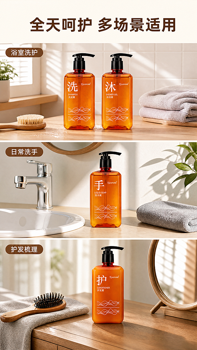 [第6屏] 多场景使用体验，爱马仕橙洗护套装日常场景展示。
[氛围/风格] 温馨生活氛围感，真实居家浴室场景，自然光线质感。
[元素布局] 采用上下三格拼图布局，每格展示一个使用场景：上格浴室场景展示洗发沐浴使用，中格洗手台展示日常洗手液使用，下格梳妆台展示护发梳理。在每格场景中植入对应产品，保持瓶身颜色结构和原图一致。整体背景用浅木色+白色瓷砖，搭配浅灰色毛巾、原木梳子等装饰，真实自然。
[光影质感] 自然光从侧窗打入，每个场景光线柔和真实，有自然阴影层次，产品清晰呈现。
[配色色系] 整体暖调，背景：#F8F4E9（浅木白）；场景装饰色：#DDD8CC浅灰+#8B5A2B原木棕；产品保持爱马仕橙。
[视角构图] 竖向9:16，三格从上到下排列，每格比例均匀，符合手机滑动浏览，每个场景景深合适，产品突出。
[文字版式] 顶部通栏主标题「全天呵护 多场景适用」深棕色粗体居中。每个场景左上角添加小字场景标签，文字颜色深棕色清晰不遮挡主体。
[比例分辨率] 9:16竖版比例，4K分辨率，文字清晰可辨。
[负向提示词] 产品变形，颜色偏差，文字错乱，场景杂物遮挡主体，水印。