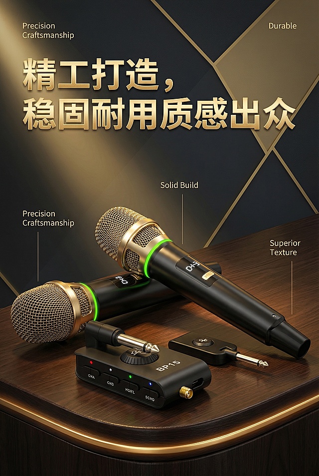 基于原图制作无线麦克风电商详情图，展示产品精致工艺和黑金配色，添加卖点文字"精工打造，稳固耐用质感出众"，高端商务风格，700*1000尺寸