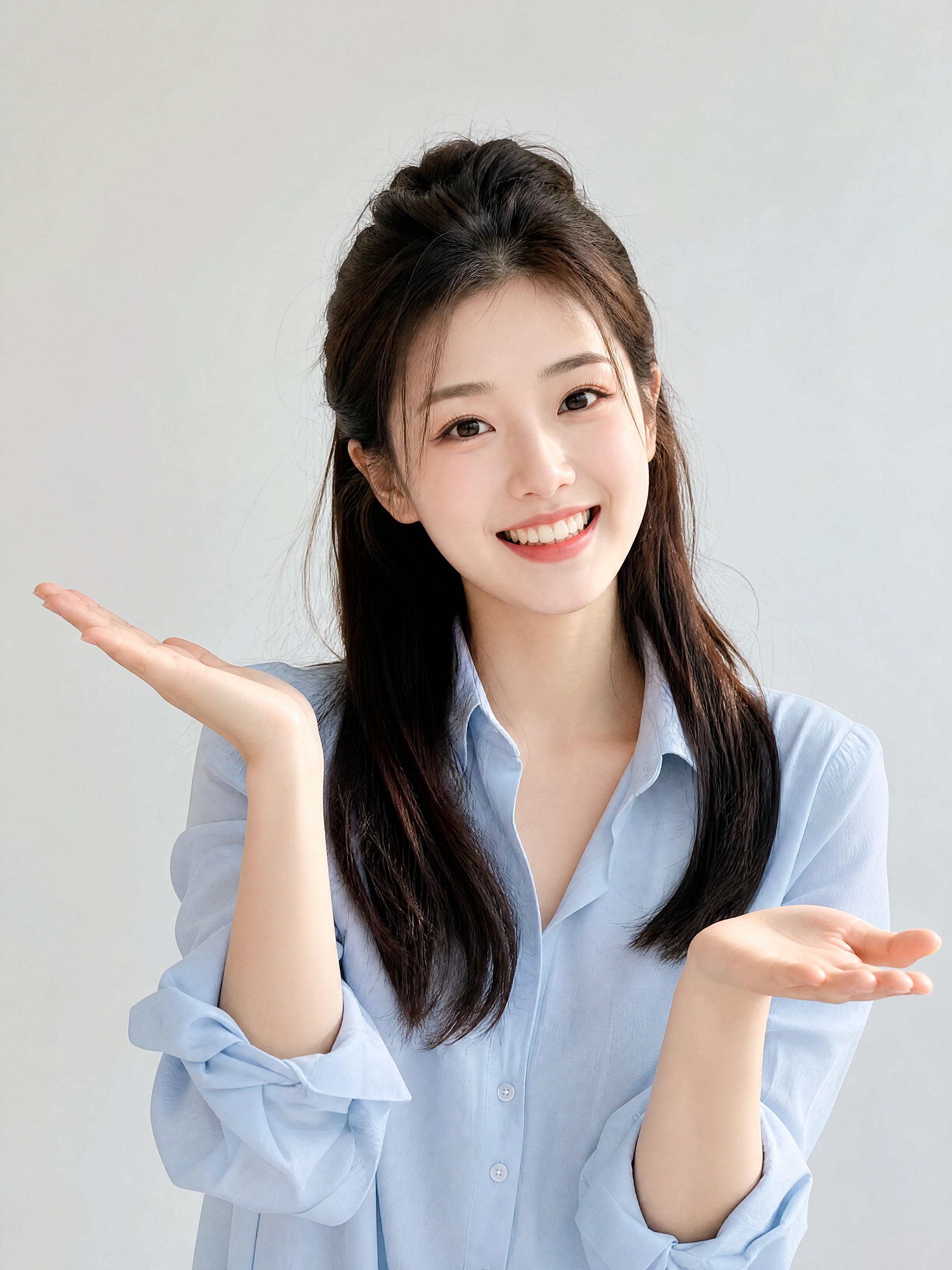 职场女性商务微笑展示海报。画面呈现一位身穿浅蓝色衬衫的女性，双… - 图片创意预览