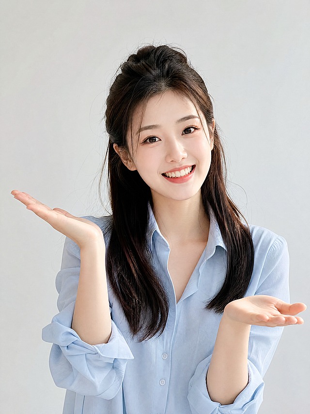 文生图：一位年轻漂亮的职场女性自媒体博主，俏皮可爱风格，真实自然的人像照片，自然光线明亮。

【人物】约26岁职场女性：柔顺长发、上半部分扎成半扎发、发尾自然垂落，五官精致自然、清透淡妆，穿着浅蓝色衬衫（领口微敞、袖口挽起），气质清爽干练带俏皮；上半身特写构图，双手抬起、掌心摊开向上，一高一低呈现错落的讲解/展示引导姿势；眼睛看向镜头、明亮露齿笑，整体俏皮可爱、有亲和力、有活人感。
【光线】明亮自然光，皮肤质感真实细腻，无过度磨皮。
【背景】纯灰白色背景，干净简洁，人物居中。
【硬约束】画面中绝对不出现任何文字、水印或logo。输出3:4竖版4K超高清。