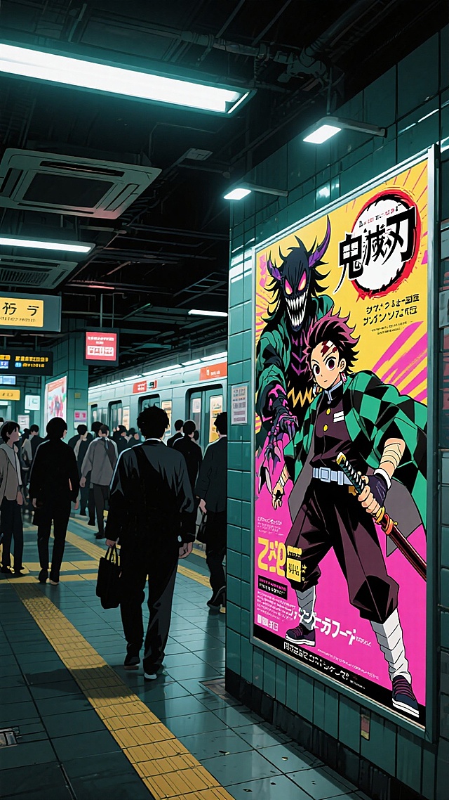 涩谷地铁站，醒目的鬼灭之刃广告