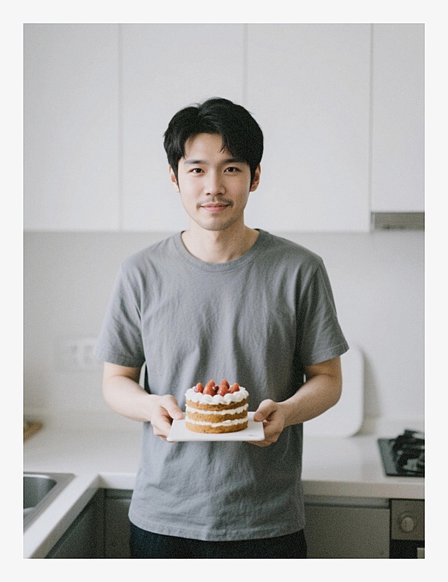 一个30岁男人，室内厨房场景，手拿蛋糕
