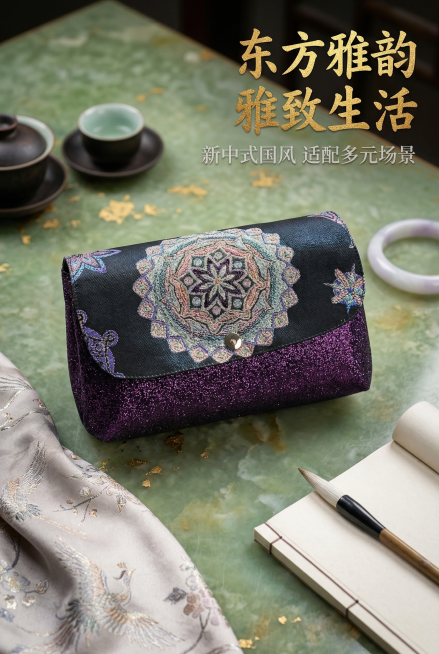 严格还原产品所有设计细节，新中式轻奢杂志风，8K超清，电影感影棚柔光打光，场景高清真实，色调柔和高级，产品精修无瑕疵，极致锐利细节分明，主体突出。产品置于新中式雅致场景中，搭配茶器、玉镯、丝绸围巾、文预览效果