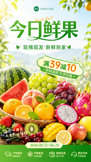 今日鲜果水果促销宣传清新实景风竖版海报预览效果