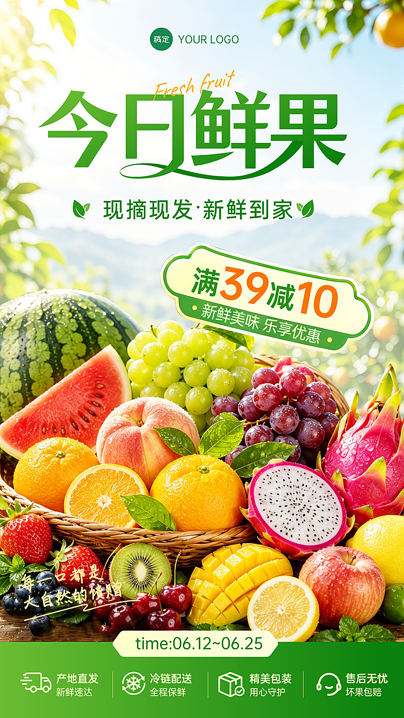 今日鲜果水果促销宣传清新实景风竖版海报