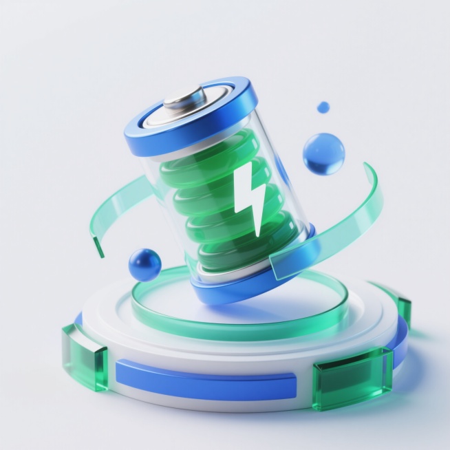 未来科技感十足的3D渲染插画，一个半透明蓝色渐变外壳的电池造型能量装置，内部有绿色分层液态物质和白色闪电符号，悬浮在白色圆形底座上方，底座边缘有蓝色和绿色的透明几何装饰，电池周围环绕着蓝色和绿色的半透预览效果