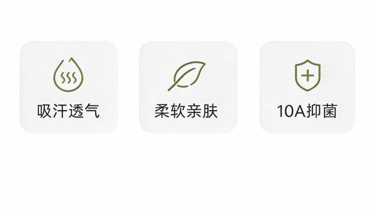 保留图中三个圆角方形图标框（吸汗透气、柔软亲肤、10A抑菌）的… - 图片创意预览