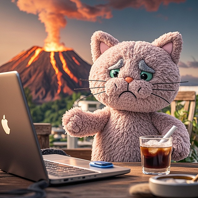 卡通感3D风拟人猫，火山背景，悠闲工作，创意幽默。