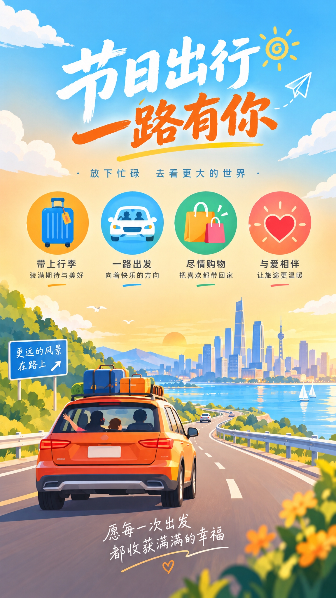 一张9:16竖版节日出行主题海报，扁平插画风格，暖橙色与天蓝色… - 图片创意预览