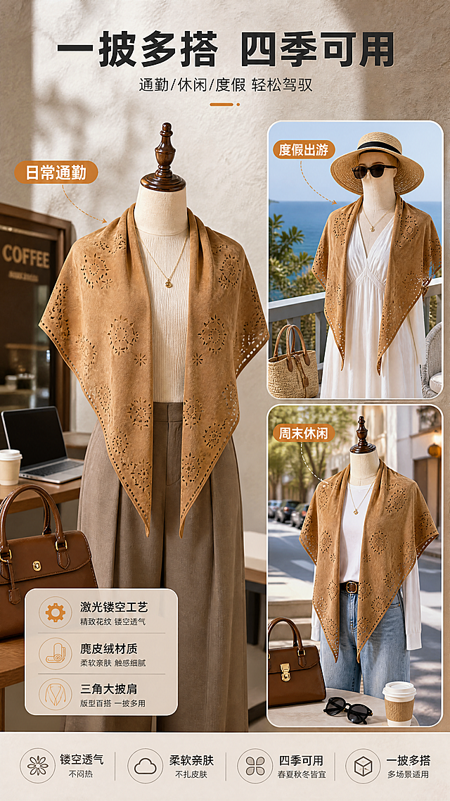 [商品] 使用【图8】驼色麂皮绒三角披肩人台正面图；商品处理：保留V领开口、三角下摆、激光镂空花纹、麂皮绒材质、驼色；自然理顺垂坠，增强绒面质感，不改变版型和结构。
[画面] 页面目标：多场景穿搭示意，体现披肩实用性与搭配性。构图：左大右小分栏，左侧主场景为通勤/日常穿搭氛围（人台+通勤道具），右侧上下两小图分别为度假风、休闲风搭配示意；背景为暖调生活场景融合（咖啡馆/街头/度假阳台），前景点缀包包、帽子、墨镜等搭配道具。
[视觉] 套系策略：风格=1688工厂批发商业风，理性专业兼具质感；标题字=粗黑体，稳重有力；正文字=常规无衬线黑体；主色=深驼棕+炭黑（取自产品）；背景延展=浅灰工业风、水泥质感、同色系深浅渐变与布料/皮革纹理；强调色=暖橙金，仅用于小面积图标、引线、标签和重点数字；标题色=深炭灰；正文色=中灰；组件=圆角信息卡、细线引线、工厂风图标（齿轮/激光/布料卷）；光影=左前侧暖柔光，自然投影，产品信息面清晰。
[文字] 顶部主标题："一披多搭 四季可用"，副标题："通勤/休闲/度假 轻松驾驭"；3个场景标签："日常通勤""周末休闲""度假出游"；文字横排，不遮挡披肩主体。
[规格] 图片比例9:16竖版，4K，负向提示：避免变形、错字、文字过小、披肩颜色改变、版型失真、极限词。