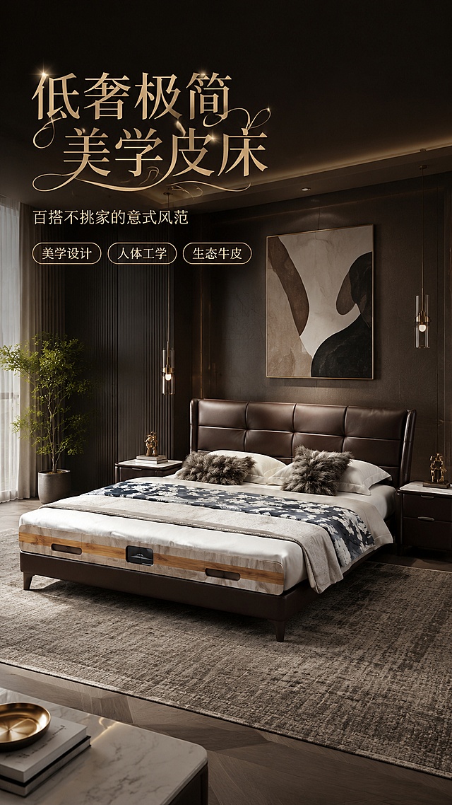 [第1屏] 详情页头图-深棕色头层牛皮皮床主视觉海报。本屏使用【图1】作为商品主体，保持产品结构、比例、颜色、材质完全一致。
[氛围/风格] 低奢极简、高级奢华、现代意式卧室空间，商业摄影质感，光影柔和高级。
[元素布局] 皮床置于画面中下方，占比约60%-65%，45°斜侧视角全貌展示；背景为奢华大平层卧室空间，配同色系床头柜、艺术吊灯、大理石台面、金属装饰摆件、抽象挂画、质感地毯、绿植点缀；前景留白放置艺术字标题；床品保持深棕+米白+灰蓝花纹搭配，与原图一致。
[光影质感] 左侧暖调自然光+右侧辅助柔光，床头皮革高光自然，阴影柔和有层次，整体明亮通透有质感。
[配色色系] 全局底色深咖暖调#2B1D16；主色深棕皮革+米白床品；辅助色金属金、大理石灰、墨绿点缀。
[视角构图] 45°斜侧微仰视，产品为视觉中心，阅读动线左上标题→中部产品→底部装饰。
[文字版式] 左上艺术字主标题「低奢极简 美学皮床」，花体衬线艺术字，金色描边质感；副标题「百搭不挑家的意式风范」，细体中文；下方3个胶囊标签「美学设计」「人体工学」「生态牛皮」；文字不遮挡床体。
[比例分辨率] 9:16竖版比例，4K分辨率，文字清晰可辨，高清画质。
[负向提示词] 床体变形，比例失调，颜色偏差，缺件错件，人物出现，水印，文字错乱，文字过小，背景杂乱，内部结构展示。