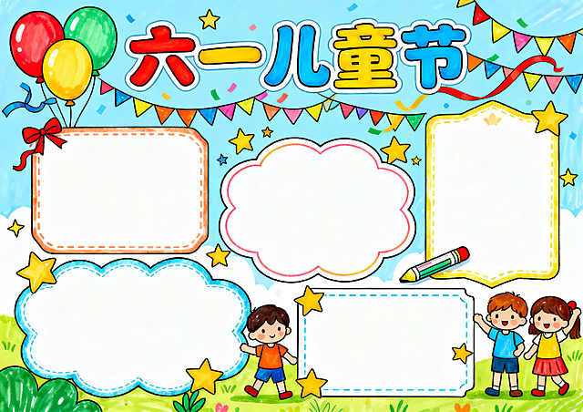 六一儿童节横版A4手抄报，马克笔手绘风格，画面包含气球、彩带、星星、儿童插画等元素，顶部有醒目的"六一儿童节"大标题，留有多个形状边框的空白写字区域，色彩鲜艳活泼，充满童趣，适合A4横版印刷