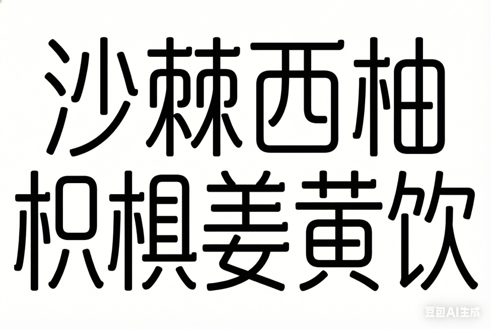 参考提供的两张图片的字体设计风格，生成文字“沙棘西柚枳椇姜黄饮”的字体设计，字体为圆润的线条感黑体，笔画有独特的细节设计，排版规整预览效果