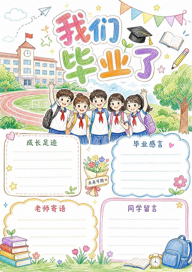 六年级毕业成长纪念册手抄报，主题为"我们毕业了"，彩铅手绘风格，白底，包含校园风景、同学合影元素，整体清新治愈手抄报设计，尺寸210*297mm