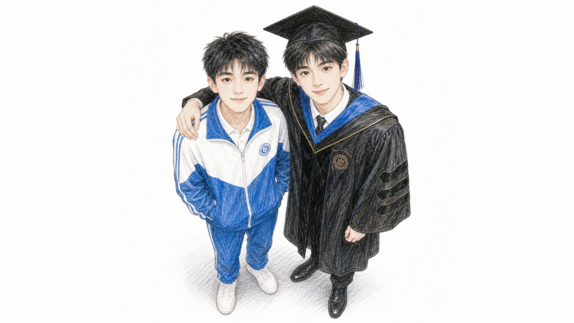 左边男：蓝白高中运动校服、小白鞋，青涩高中造型；右边男：黑色博士学位袍 + 博士帽，同一张画面很亲密的站在一起拍照 注意是同一个男生高中和大学不同时期的对比照 白底彩铅速写 俯拍全身  2张预览效果