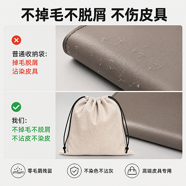 使用商品详情页技能根据商品图「图片1」「图片1」生成1套详情页，参考图为，商品名称为轻奢绒布束口袋，卖点为轻奢绒布护包袋 防刮不掉毛 真皮皮具收纳束口袋定制；详情页核心卖点 ✅ 细腻哑光绒面｜触感高级，护漆防刮，杜绝真皮划痕 ✅ 不掉毛不脱屑｜不沾皮、不染皮，高端皮具零损伤 ✅ 轻奢质感｜版型规整，烫金 / 印刷精致，提升皮具溢价 ✅ 软韧耐用｜反复收纳不变形，适配高端皮具长期复用 ✅ 工厂定制｜2000 + 高端皮具品牌合作，严品控出厂即精品，适配平台为1688，图片比例为1:1，需求屏数为6张，其他要求为首频：绒布｜防刮不掉毛，真皮 / 漆皮零划痕；第二频绒布：细腻哑光｜防刮强｜中高｜中｜高端真皮 / 奢侈品