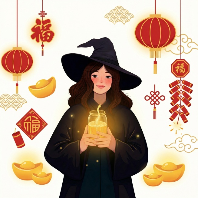 去除金边、星盘、月球和字体，添加新年元素，风格简约喜庆，保留女巫形象预览效果