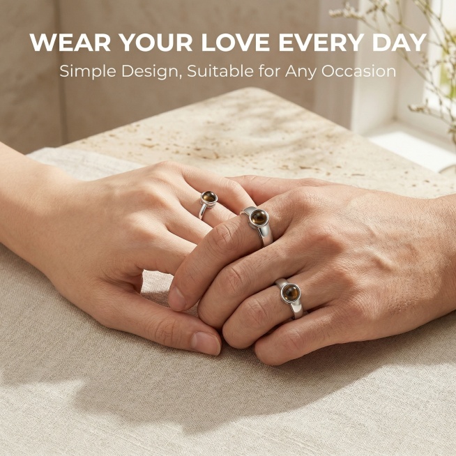 Strictly replicate all details of the uploaded couple silver rings, including color, shape, brown ge预览效果