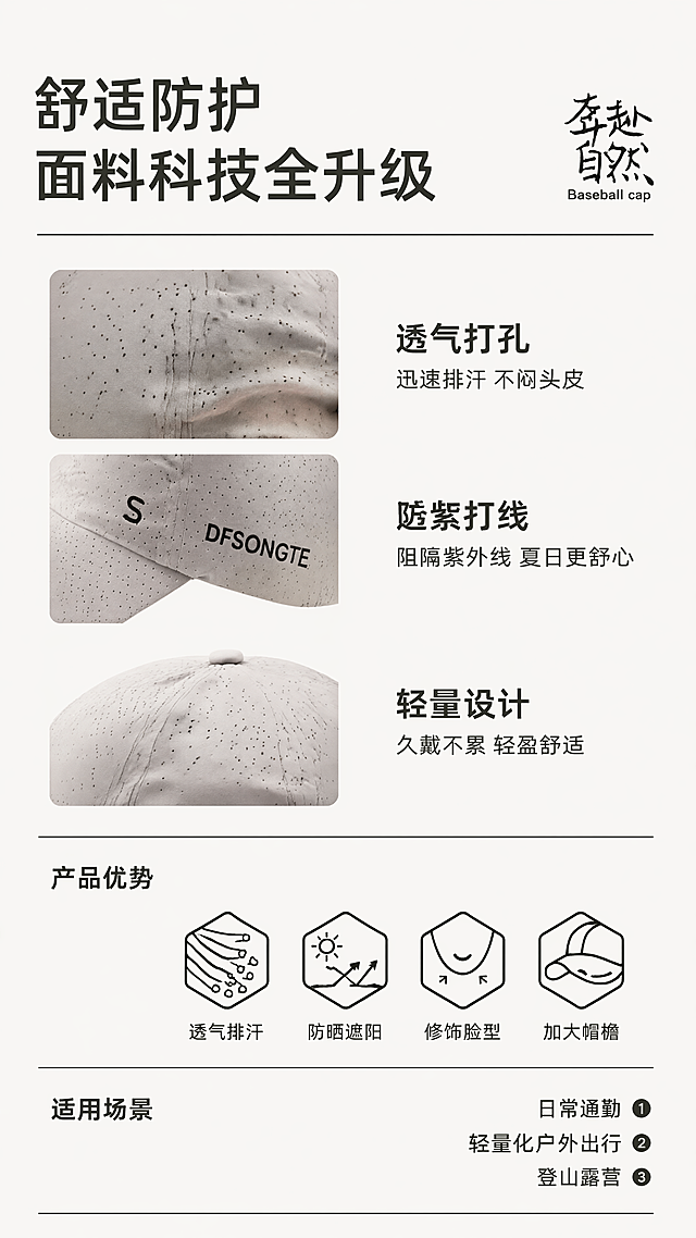 [详情页单屏] 浅灰色打孔透气防晒棒球帽卖点详情页。参考【图1】简约日式清新排版风格，整体版式和图文结构与图1保持一致，产品使用【图2】的浅灰色防晒棒球帽，保持帽子浅灰色、全身透气打孔、侧面黑色'S'和'DFSONGTE'字母标识的外观、颜色和纹理不变。
[氛围/风格] 简约干净的日系风，浅米白色背景，清晰质感，简约设计感，商业电商详情页风格。
[元素布局] 顶部大标题区，接着三个卖点图文区（左图右文），再下方产品优势图标区，最后日常用途列表，整体布局与参考图一致，所有文字均不遮挡产品细节，保持分层清晰，留白舒适。
[光影质感] 整体均匀柔和光线，每个模块清晰区分，文字和图片都清晰锐利，明暗适中。
[配色色系] 全局浅米白底 #f8f8f5；标题黑色，正文深灰色，保持和参考图一致的素雅配色。
[文字版式] 完全参考图1的排版结构：
1.顶部左对齐大标题：第一行「舒适防护」，第二行「面料科技全升级」，右上角书法字「奔赴自然」，小字「Baseball cap」。
2.三个卖点模块，每个模块左侧放材质细节图，右侧放标题和说明：
   - 第一模块：左侧展示透气网孔面料特写，右侧标题「透气打孔」，说明「迅速排汗 不闷头皮」
   - 第二模块：左侧展示防晒面料纹理，右侧标题「防紫外线」，说明「阻隔紫外线 夏日更舒心」
   - 第三模块：左侧展示轻薄面料肌理，右侧标题「轻量设计」，说明「久戴不累 轻盈舒适」
3.产品优势区标题「产品优势」，下方四个六边形图标，分别对应：「透气排汗」「防晒遮阳」修饰脸型」「加大帽檐」
4.底部日常用途标题「适用场景」，下方三点：「① 日常通勤」「② 轻量化户外出行」「③ 登山露营」
所有文字排版对齐，清晰可辨，保持手机端9:16竖屏浏览可读性。
[比例分辨率] 9:16竖版比例，4K分辨率，文字清晰可辨，超高清。
[负向提示词] 帽子变形，颜色偏差，文字错乱，排版混乱，产品模糊，水印，背景杂乱，结构错误