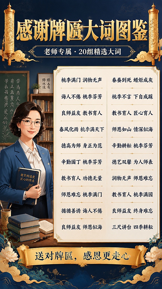 基于参考图的中国风版式风格，重新设计教师行业专属感谢牌匾大词图鉴海报。本图使用【图1】作为版式和风格参考。

【整体风格】中国风文雅大气，青金配色，书香气息，商业插画质感，与参考图视觉风格保持一致。

【顶部】藏青色渐变背景配金色祥云暗纹，左右两侧金色卷轴装饰；居中大标题"感谢牌匾大词图鉴"烫金粗宋体；下方副标题"老师专属 · 20组精选大词"白色小字。

【主体区域】左侧是一位戴眼镜、手持书本的中年女教师半身插画，温文尔雅，背景有黑板粉笔和书架虚化元素；右侧分两列展示20组大词，藏青色书法字体，每组大词之间有细金线分隔。

【大词清单-左列10组】
桃李满门 润物无声
诲人不倦 桃李芬芳
良师益友 教书育人
春风化雨 桃李满天下
德高为师 身正为范
辛勤园丁 桃李芬芳
教书育人 功德无量
师恩难忘 桃李满门
循循善诱 诲人不倦
良师益友 师恩似海

【大词清单-右列10组】
春蚕到死 蜡炬成灰
桃李不言 下自成蹊
教书育人 匠心育人
师恩如山 情深似海
辛勤耕耘 桃李芬芳
德艺双馨 为人师表
润物无声 师恩难忘
教书育人 桃李满园
良师益友 终身难忘
三尺讲台 四季耕耘

【底部】金色横幅装饰，中间写"送对牌匾，感恩更走心"，两侧有祥云纹样；去掉二维码占位，底部干净整洁。

【版式】9:16竖版，2K分辨率，文字清晰可读，所有大词必须完整呈现，不得遗漏。
画面中所有信息区域必须填充完整合理的内容，不得出现空白框、空白占位、横线待填写区域、空列表项、空单元格。