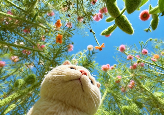 梦幻感软3D风猫咪仰望毛发生长的虚拟自然，清新可爱，春日生机盎然。