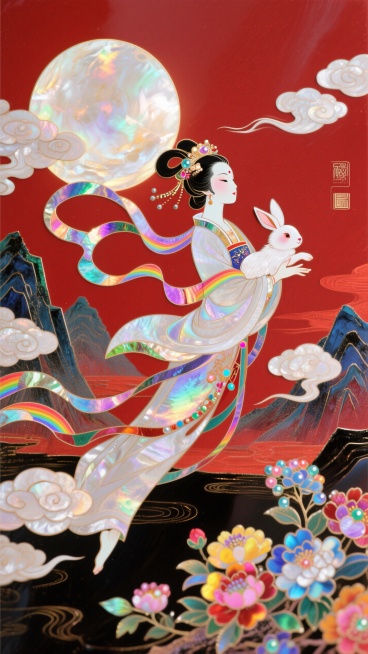 日漫风格，嫦娥怀抱玉兔奔向一轮圆月，衣摆飘逸。周围环绕着祥云和盛开的花朵，背景山脉，红色底色，非常规的动态构图预览效果