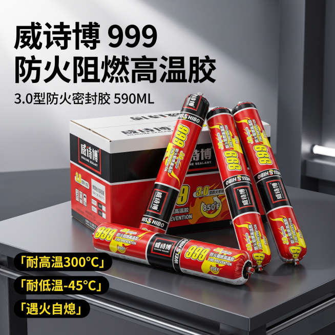 [主图 1] 首图展示威诗博999防火阻燃高温密封胶产品。
[氛围风格] 硬核工业建材专业商务风；
[画质] 商业摄影质感，极致质感，产品清晰真实，画面干净高级，微距纹理体现结构细节。
[元素] 多支预览效果