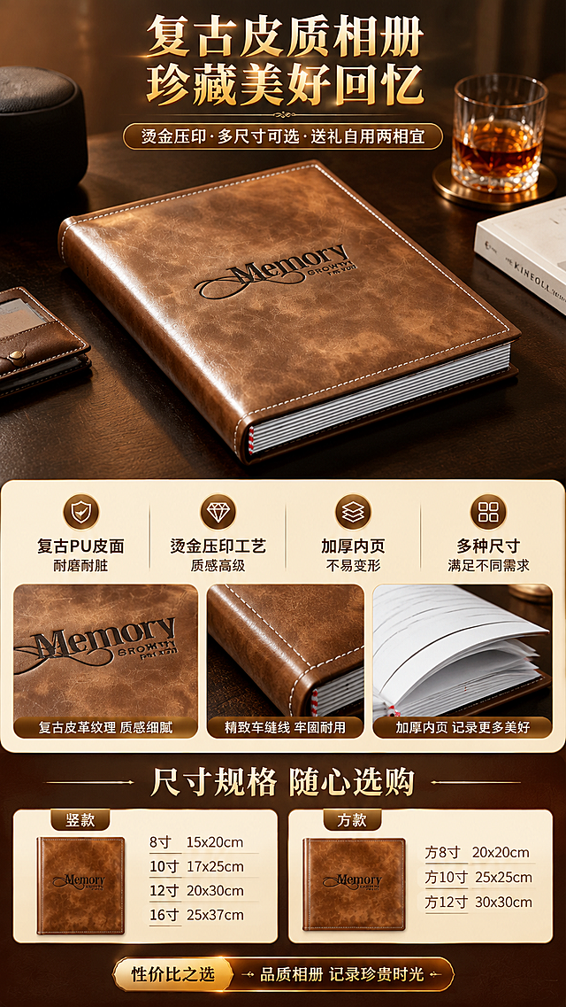 [商品] 使用【图1】复古棕色皮质相册，封面压印"Memory GROWTH FOR YOU"英文字样；保留相册整体结构、棕色皮革材质、白色车缝线、内页白边与红白书签带、压印Logo文字；增强皮革纹理质感和缝线清晰度，不改变产品颜色、版型和文字内容。
[画面] 拼多多9:16竖版综合详情页，自上而下阅读动线。顶部1/3为氛围头图区：相册斜放在深色质感桌面，旁边搭配威士忌杯、书籍、皮质卡套等道具，营造高级复古商务氛围，相册占画面主体，光影柔和有质感。中部1/3为卖点展示区：左右分栏或上下排列3-4个卖点图标+短句，配合相册局部细节小图（皮革纹理微距、缝线特写、内页展示）。底部1/3为规格选购区：清晰列出竖款和方款各尺寸对照表，配小尺寸相册示意图。整体画面至少3层视觉层次，前中后景分明。
[视觉] 套系策略：风格=拼多多电商详情页，温馨复古+高性价比感；标题字=粗黑醒目大字，有力量感；正文字=简洁清晰无衬线体；主色=复古棕+深棕；背景延展=深棕色渐变背景搭配暖金色光效点缀，局部用米白色信息卡片做对比；强调色=暖金色，用于标题高亮、图标和分割线；标题色=深棕色+暖金色渐变；正文色=深褐色；组件=圆角信息卡片、细线引线、金色图标、价格标签样式；光影=左前侧暖柔光，产品有自然阴影和高光，皮革质感通透。
[文字] 顶部主标题大字"复古皮质相册 珍藏美好回忆"（≤10字），副标题"烫金压印·多尺寸可选·送礼自用两相宜"。中部3-4个卖点：①「复古PU皮面 耐磨耐脏」②「烫金压印工艺 质感高级」③「加厚内页 不易变形」④「多种尺寸 满足不同需求」。底部规格区标题"尺寸规格 随心选购"，分两列：竖款（8寸15x20cm / 10寸17x25cm / 12寸20x30cm / 16寸25x37cm），方款（方8寸20x20cm / 方10寸25x25cm / 方12寸30x30cm）。所有文字横向排版，字号保证手机端清晰可读，文字不遮挡相册主体。价格/优惠标签样式增强拼多多性价比氛围。
[规格] 图片比例9:16竖版，4K分辨率，拼多多风格，避免变形、错字、文字过小、冷蓝色调、产品颜色改变、皮革质感失真、极限词、虚假宣传。