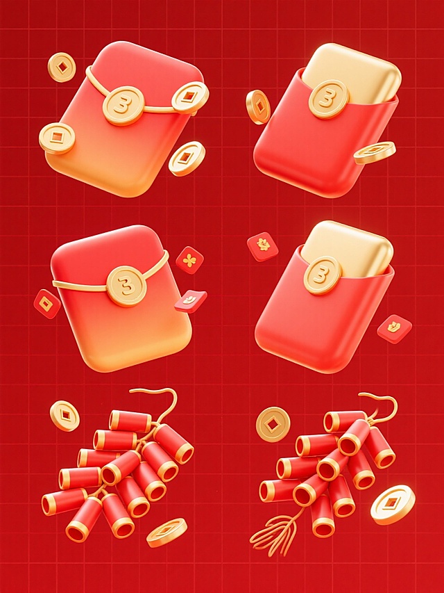 6个不同造型与角度的3D渲染红包、爆竹和铜钱元素集合，保持光滑渐变质感和立体感光影效果，整体变换为双11电商促销风格的红金配色，采用规整网格排布，突出红包主体和铜钱装饰，营造喜庆热闹的促销氛围，视觉层级清晰，信息传达高效，符合电商促销海报的设计感与目标受众审美。
