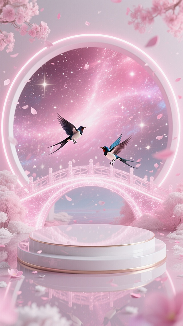 梦幻粉白色圆形展台，展台后面有两只小喜鹊飞在鹊桥上面，花瓣雨，背景是粉色星云，霓虹光效。