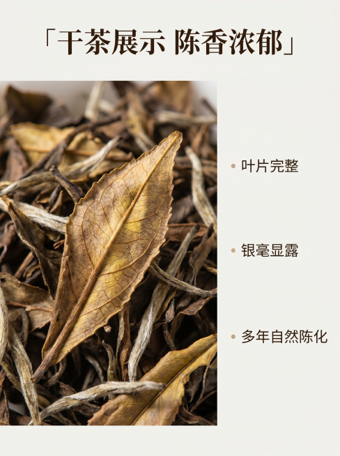 [详情页第三屏] 干茶细节展示
[氛围风格] 微距特写，突出七年陈化天然干茶品质
[画质] 商业摄影质感、光线柔和通透、纹理清晰真实、画面干净高级
[元素] 贡眉散茶干茶叶微距特写，完整展示叶片自然形预览效果