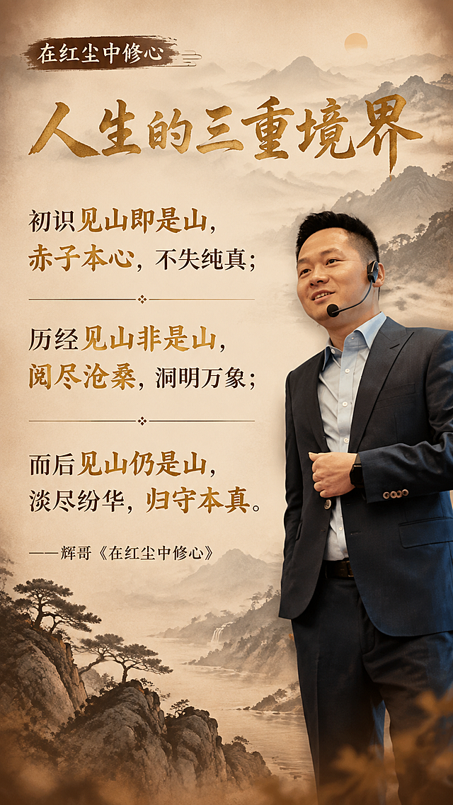 个人IP金句海报，竖版9:16，禅意新中式暖棕风格，山水意境，有人生三重境界的层次感。人物必须完全保留原图中的真实样貌，100%还原本人形象，只更换背景和添加文字，人物面部和身体不得有任何重绘和变形。画面右侧是穿深色西装的亚洲男性讲师半身像，人物完全保留原图样貌，清晰真实，光影柔和有质感。背景替换为三层递进的水墨山水意境：近处是清晰的山石，中间是云雾缭绕的山峦，远处是淡远的山峰，象征三重境界，暖棕米色调，通透有留白感，四周轻微暗角，电影质感。文字排版：左上角有栏目名「在红尘中修心」。画面左侧及中部为文字区域，采用三段式递进排版，结构清晰。顶部大标题：「人生的三重境界」，金色书法大字，居中。下方三段境界，每段两句，层层递进，段与段之间有留白和细横线分隔：第一段「初识见山即是山，赤子本心，不失纯真；」，其中「见山即是山」「赤子本心」金色高亮；第二段「历经见山非是山，阅尽沧桑，洞明万象；」，其中「见山非是山」「阅尽沧桑」金色高亮；第三段「而后见山仍是山，淡尽纷华，归守本真。」，其中「见山仍是山」「归守本真」金色高亮。三段字号依次略有变化，体现递进感。底部署名：「——辉哥《在红尘中修心》」。整体氛围宁静、有智慧、有禅意、有层次，暖棕米色调，山水意境。人物必须与原图一模一样，不得改变样貌。严格按照用户提供的原文排版，不新增任何额外内容。画面中必须完整且仅呈现以下文字信息：人生的三重境界。初识见山即是山，赤子本心，不失纯真；历经见山非是山，阅尽沧桑，洞明万象；而后见山仍是山，淡尽纷华，归守本真。——辉哥《在红尘中修心》。在红尘中修心。