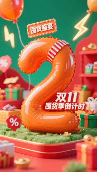 巨型橙色气球质感数字 “2”，顶部设置 “囤货盛宴” 主题标签（带条纹装饰元素），搭配 “双 11 囤货季倒计时” 文字，背景采用红绿撞色，融入闪电、商品礼盒、折扣标识等装饰元素，整体营造热烈的囤货倒预览效果