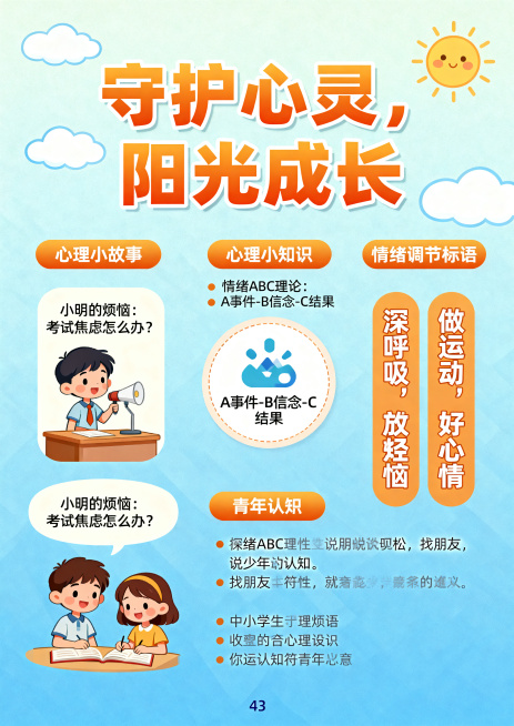 中小学生心理知识科普海报，A3尺寸，内容包含心理小故事、心理小知识和情绪调节标语，风格明亮活泼，标题醒目："守护心灵，阳光成长"，整体具有教育意义，符合青少年认知预览效果