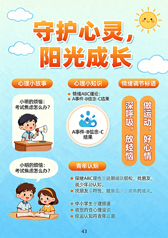 中小学生心理知识科普海报，A3尺寸，内容包含心理小故事、心理小知识和情绪调节标语，风格明亮活泼，标题醒目："守护心灵，阳光成长"，整体具有教育意义，符合青少年认知
