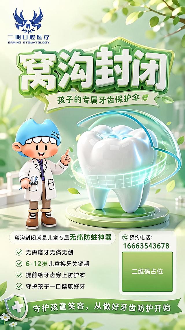 3D渲染风格口腔医疗宣传海报，主标题文字"窝沟封闭"，副标题文字"孩子的专属牙齿保护伞🌿"，左上角放置二明口腔医疗logo（使用图1素材），画面左侧加入图2提供的卡通牙医人物，右下角预留位置放置二维码，使用纯色方块占位，方块中央标注"二维码占位"文字，严禁生成任何可识别的二维码图案，在二维码上方标注预约电话："16663543678"，画面完整呈现文案：窝沟封闭就是儿童专属无痛防蛀神器，无需磨牙无痛无创，6-12岁儿童换牙关键期，提前给牙齿穿上防护衣，守护孩子一口健康好牙，守护孩童笑容，从做好牙齿防护开始，整体风格清新自然，绿色为主色调，柔和医疗氛围，版式精美，分辨率4k，3D立体效果，所有文字清晰可读，所有数字必须精确渲染，不得错位、遗漏或编造，画面中所有信息区域必须填充完整合理内容，不得出现空白框或占位区域。