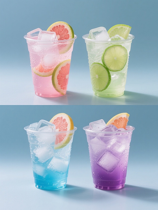 一组4个完全不同元素的饮品集合，每个元素均为透明塑料杯装冰镇饮料，包含大量冰块和新鲜水果片装饰，保持高清摄影写实风格，纯色背景，光线明亮柔和，杯壁有水珠细节，整体色彩分别为粉色系、绿色系、蓝色系和紫色系，元素大小一致，呈2x2网格规整排布